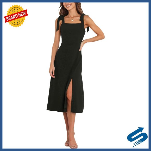 Elegant Square Neck Midi Formal Dress with Side Slit & Tie Straps